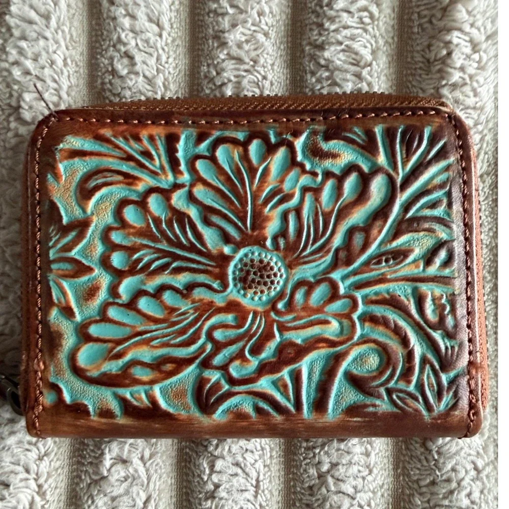 Hand Tooled Leather Accordion‎ Card Wallet Turquoise Floral Western Zip Around